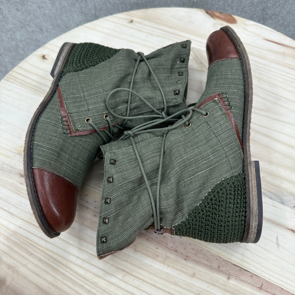 The Sak Ankle Boots 8 Olive Green Canvas Brown Leather Cap Toe Studded Lace Up - Picture 6 of 14